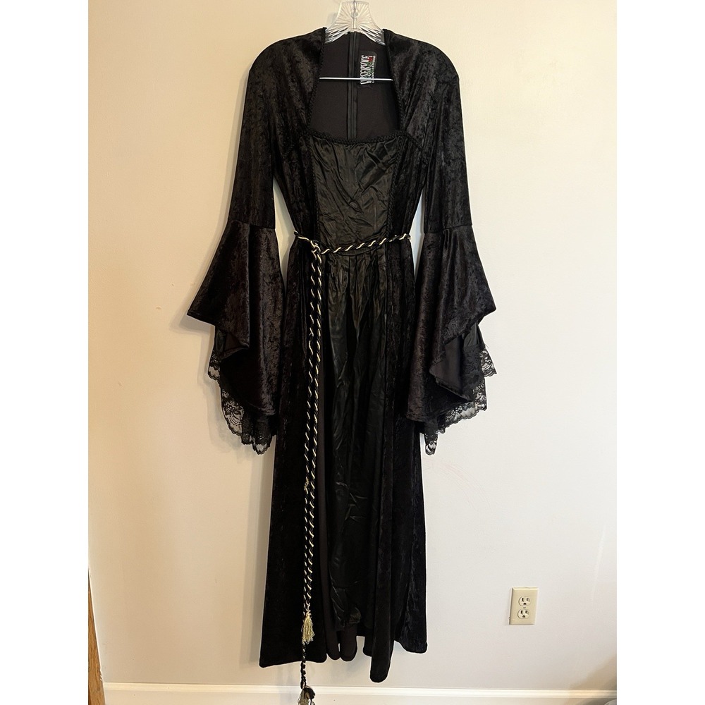 VTG 90s Lip Service Velvet Dress Goth Victorian Revival Black Belted Lace L USA
